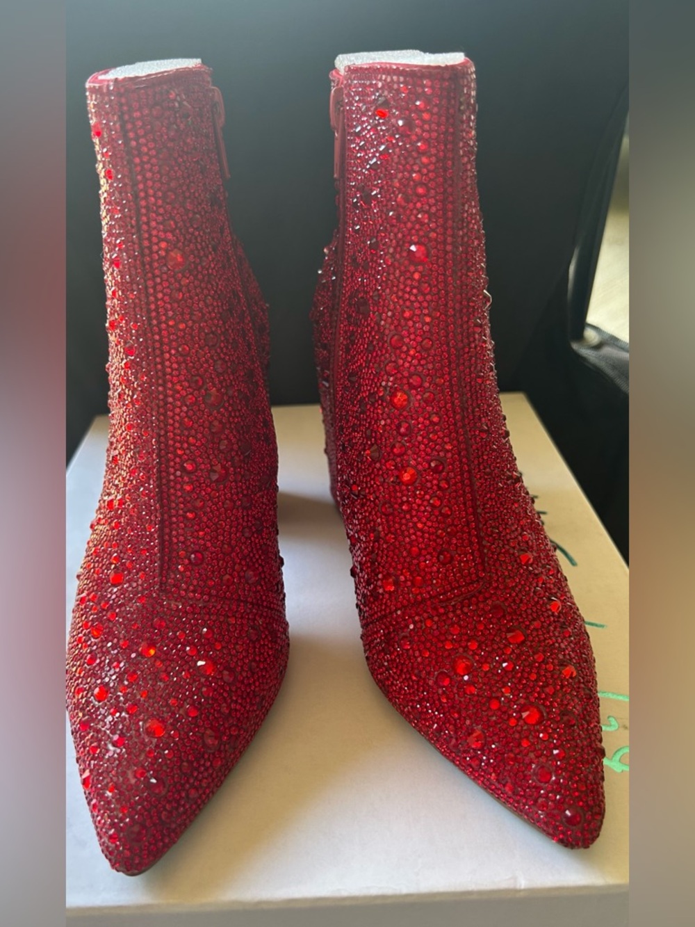 NIB- Betsey Johnson Red Crystal-Embellished Pointed Ankle Boots Size 5